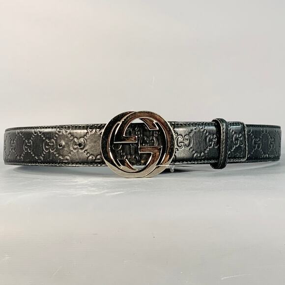 GUCCI Size 38 Guccissima Black Monogram Leather GG Buckle Belt - Picture 1 of 9